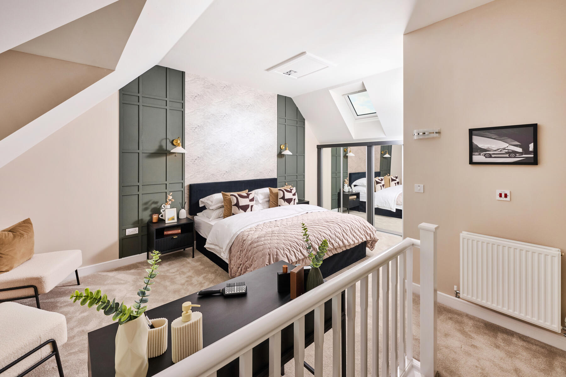 King size bed and chairs in bedroom