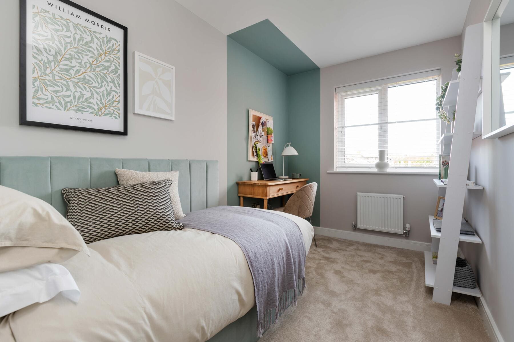 Bed with window and ladder shelf 