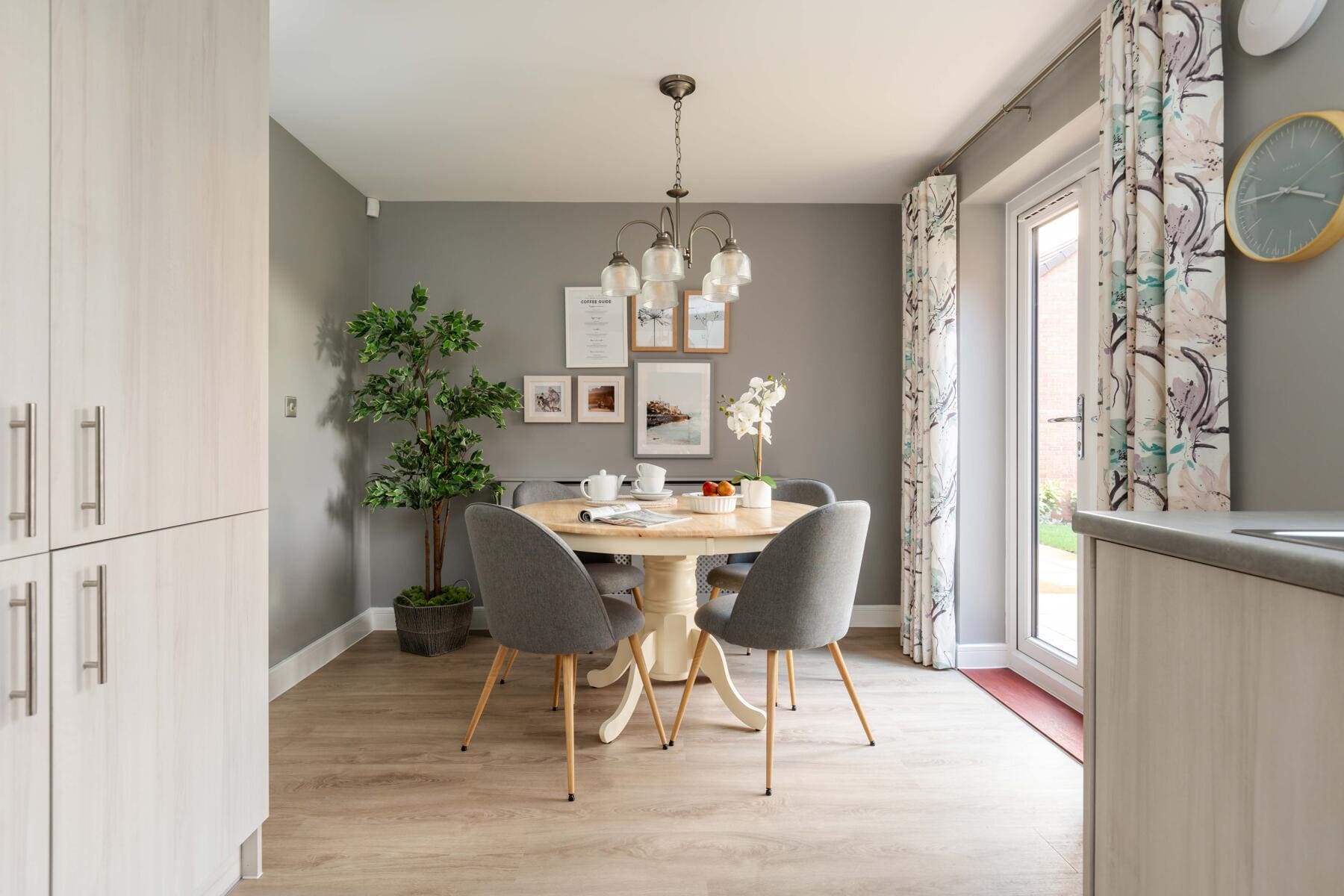 Dining table with view of patio doors 