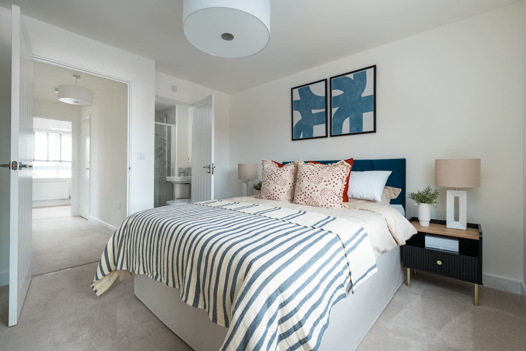 Double bed and bedside tables