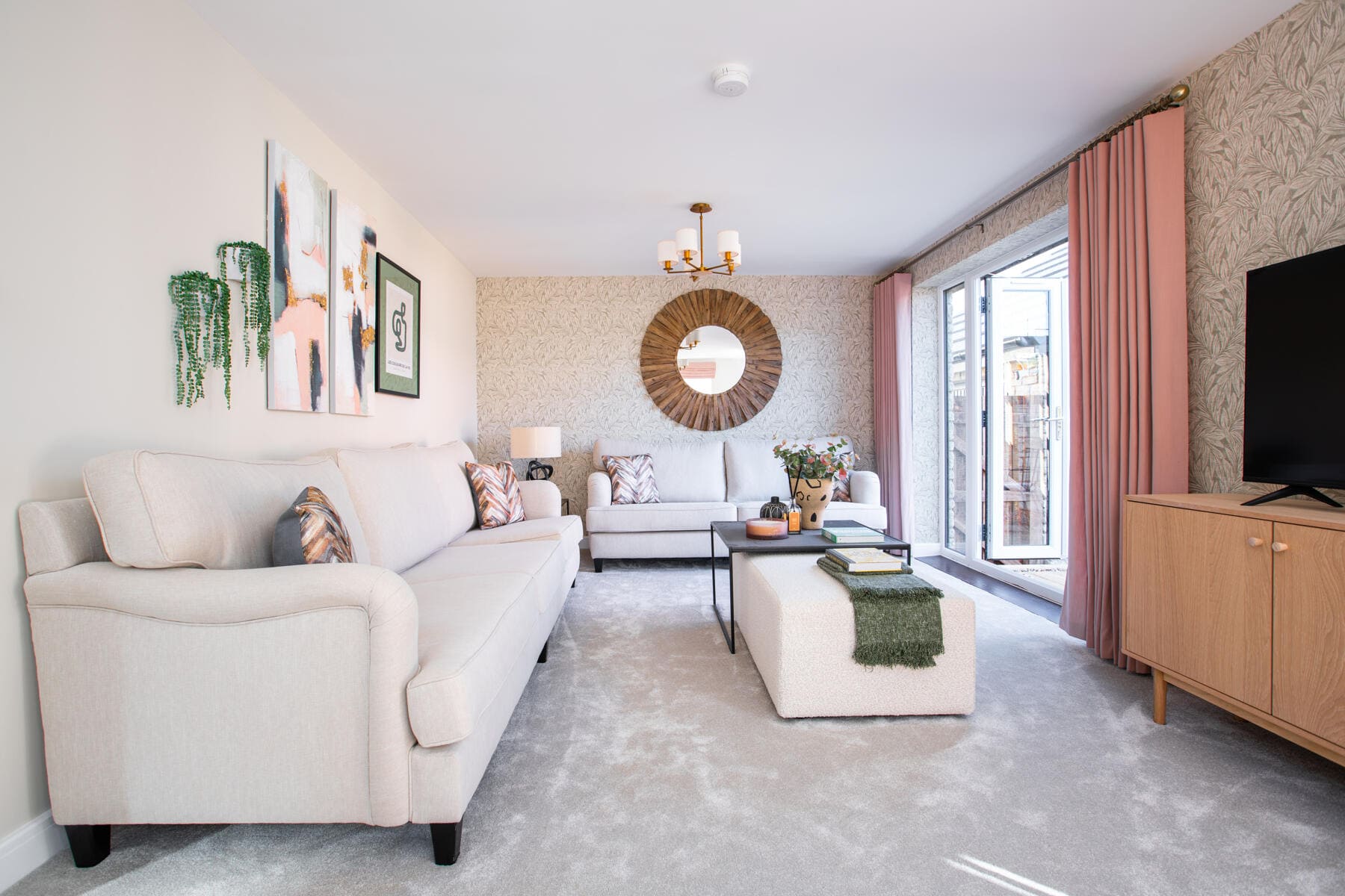 Sofas in lounge with French doors