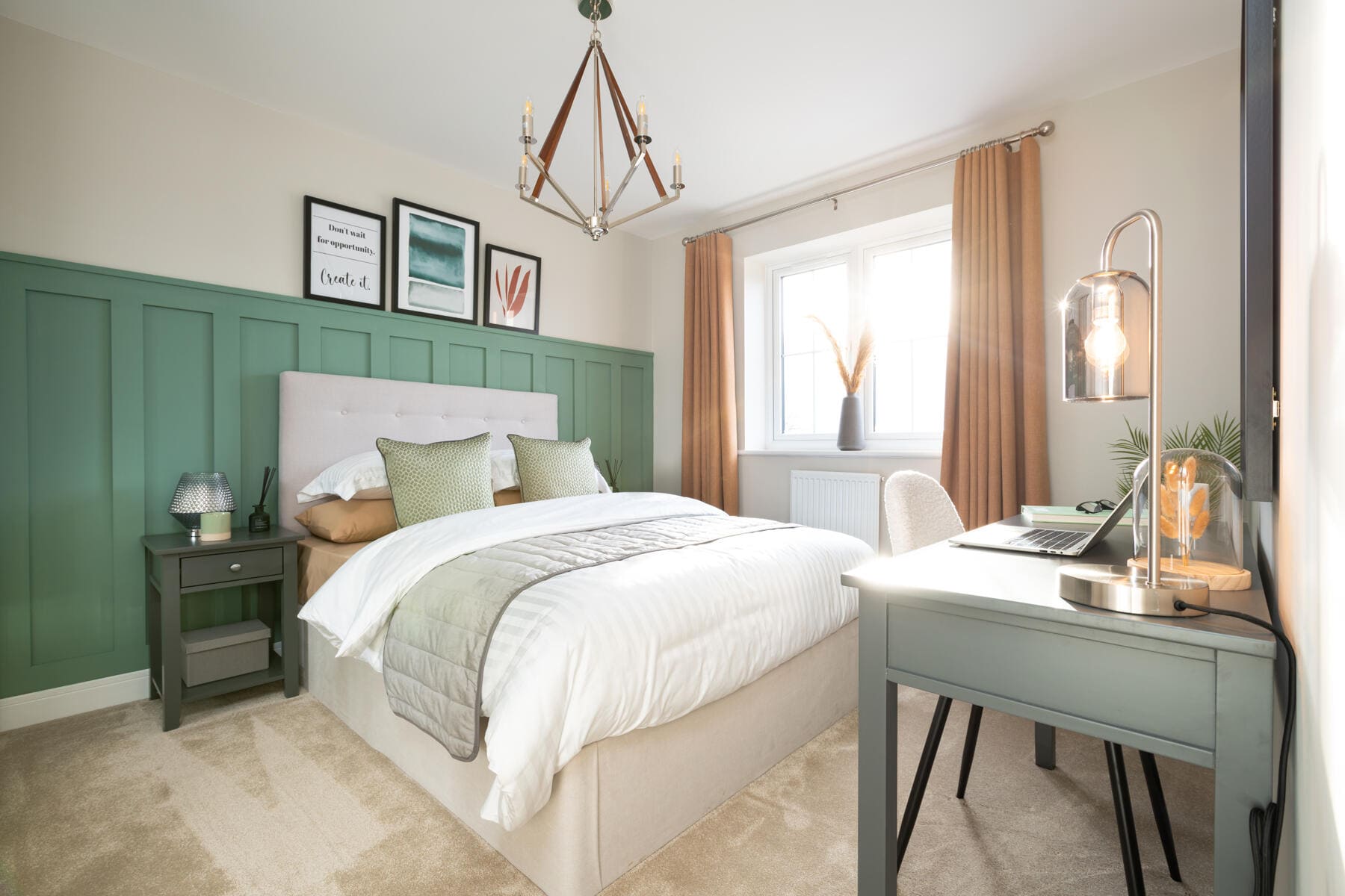 Bed with window and desk in view 