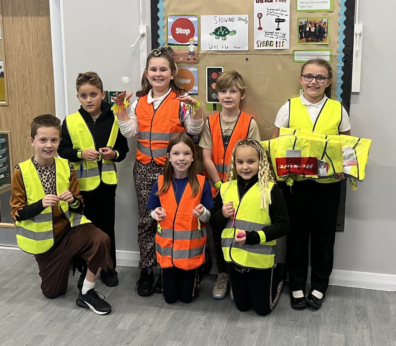 Pupils wearing hi-vis vests