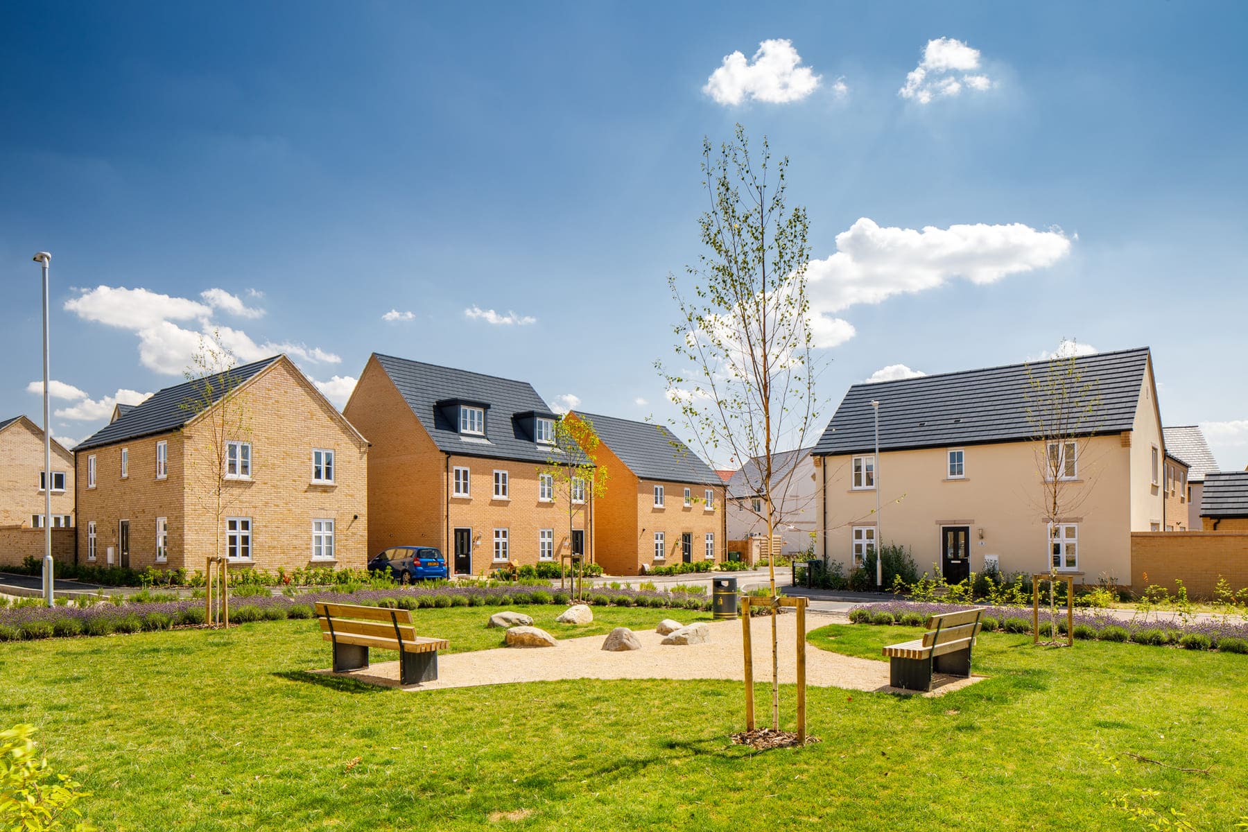 Green space with benches in front of houses