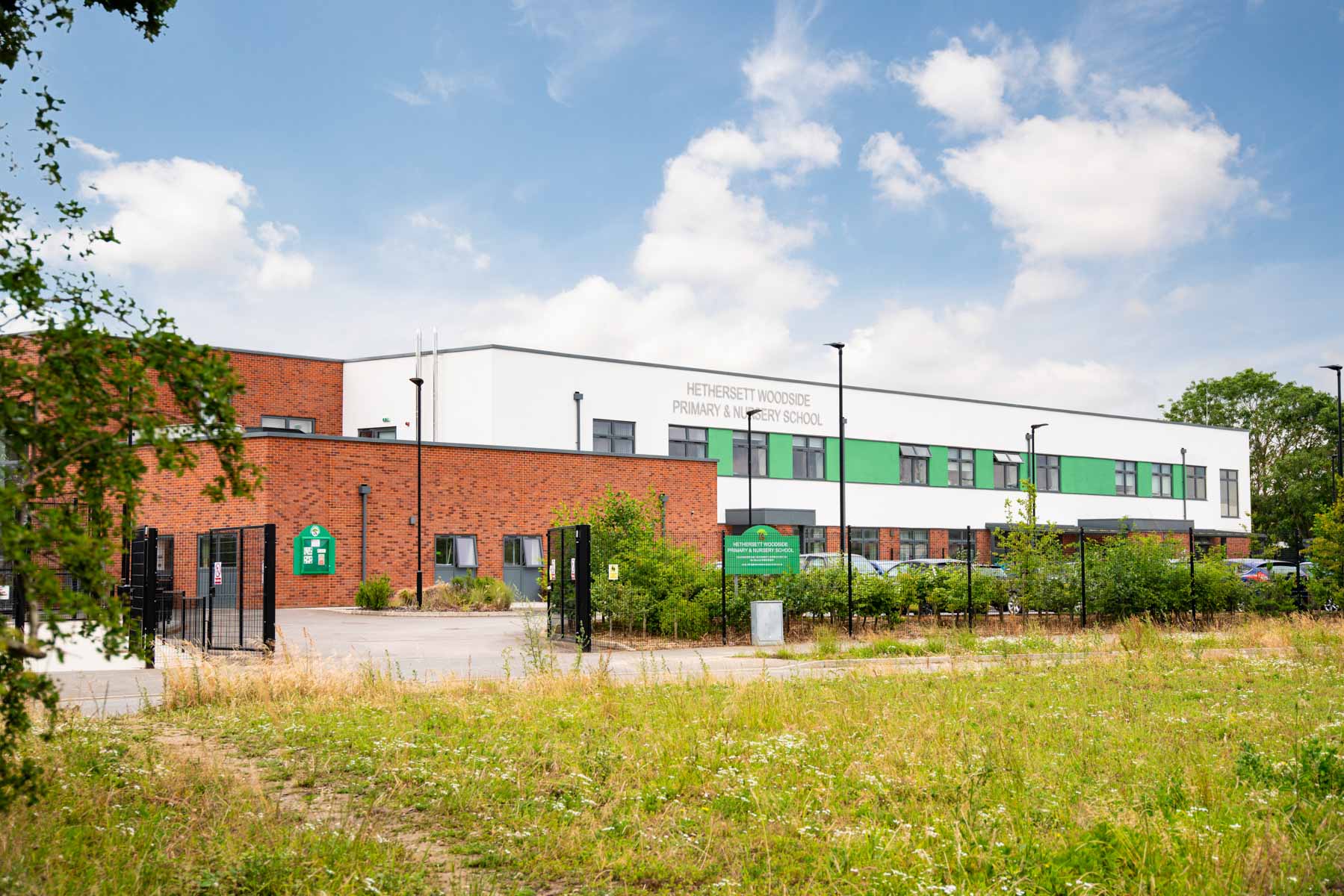 School buidling with field