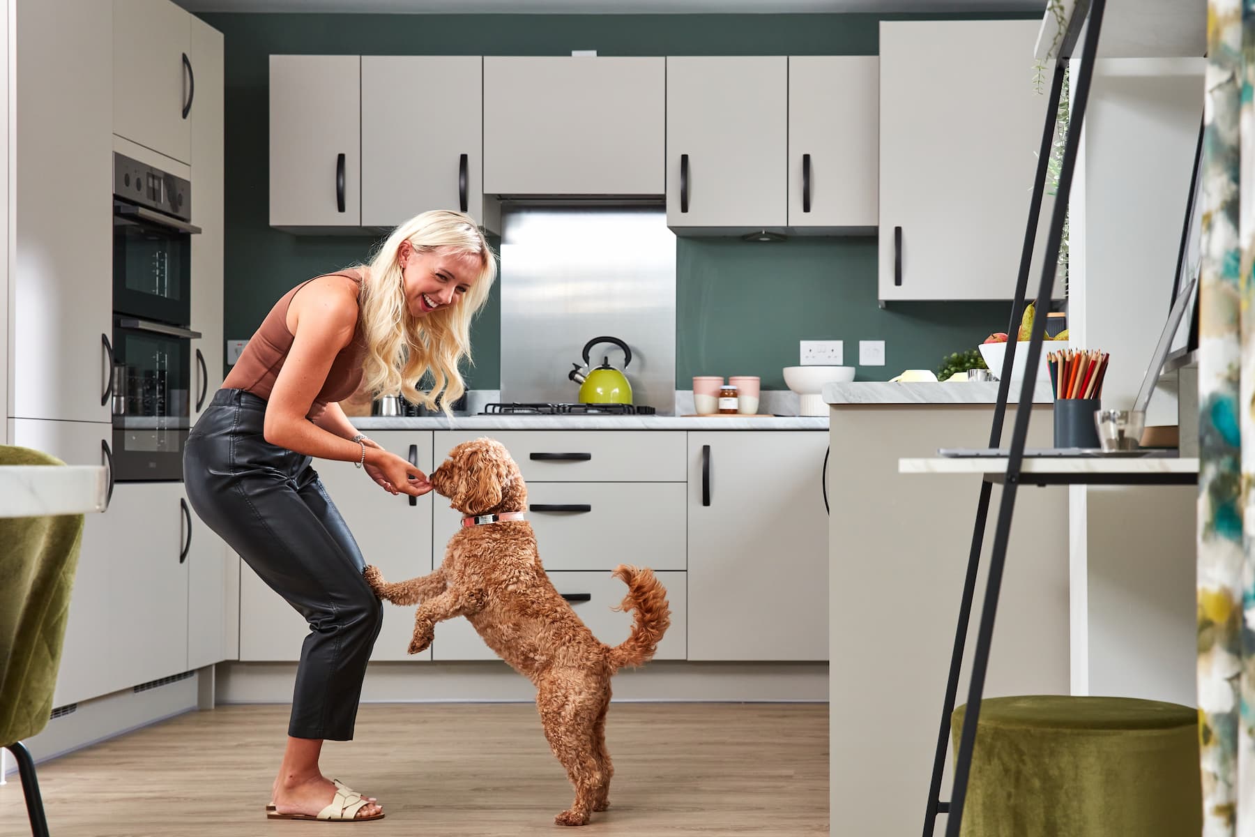 Kitchen with woman playing with a dog