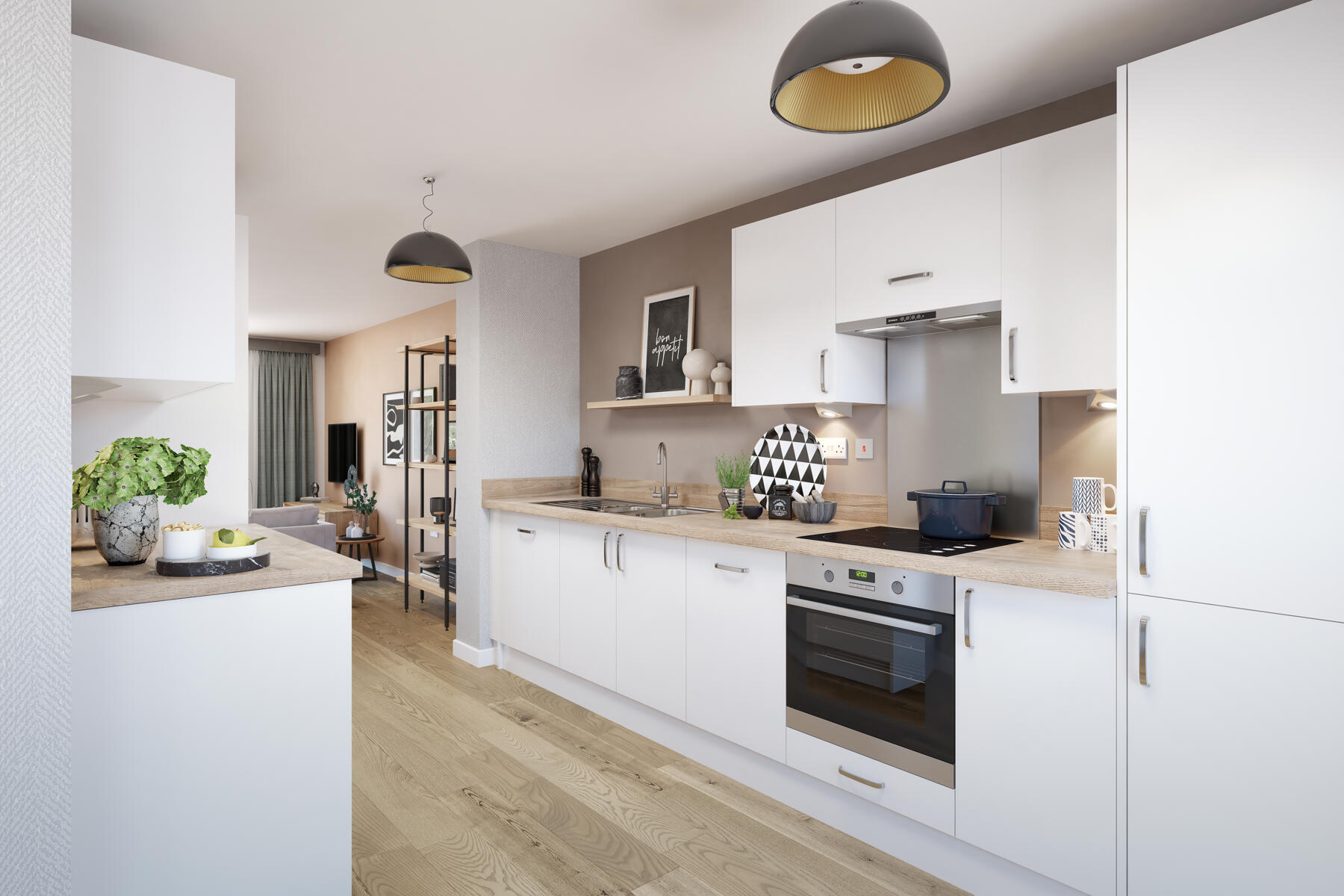 Galley kitchen seamlessly flows to the living, dining