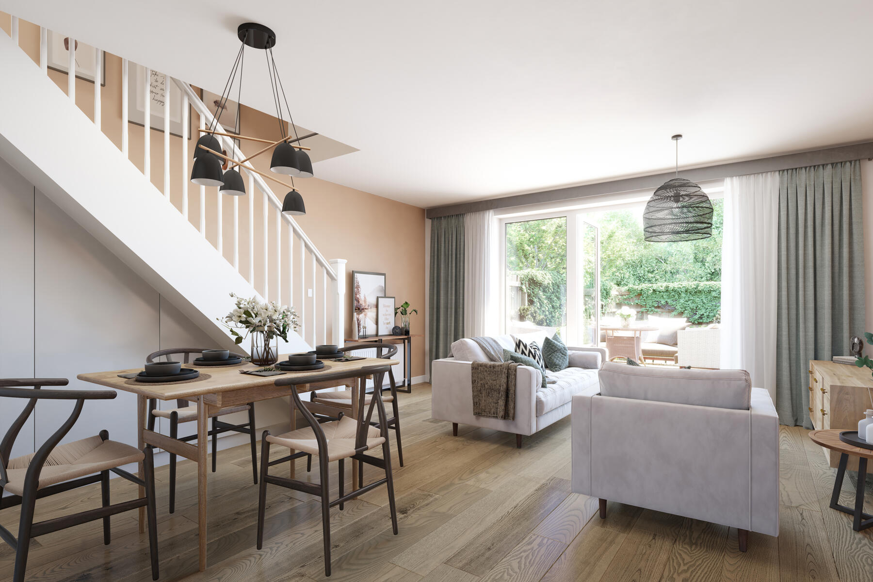 Open plan living, dining with french doors