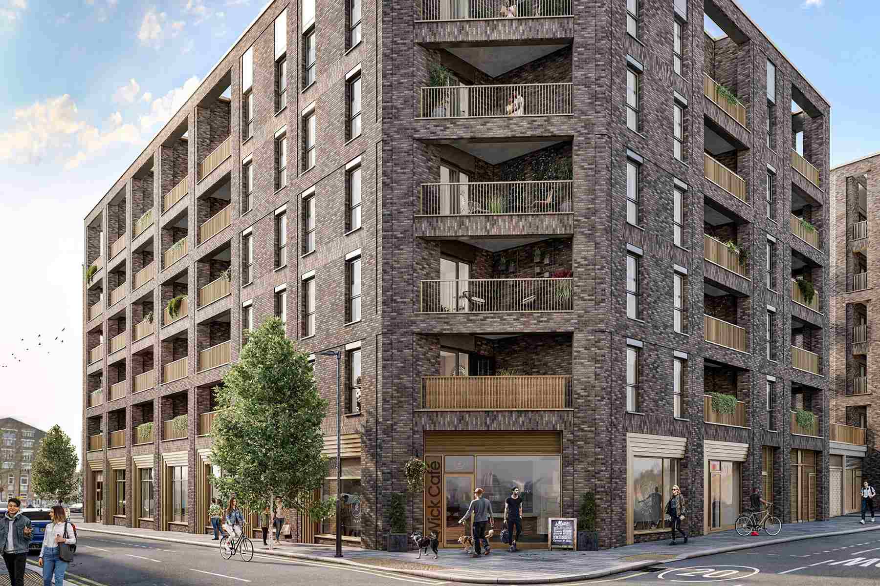 View of Block A from Hepscott road and its striking dark brick facade