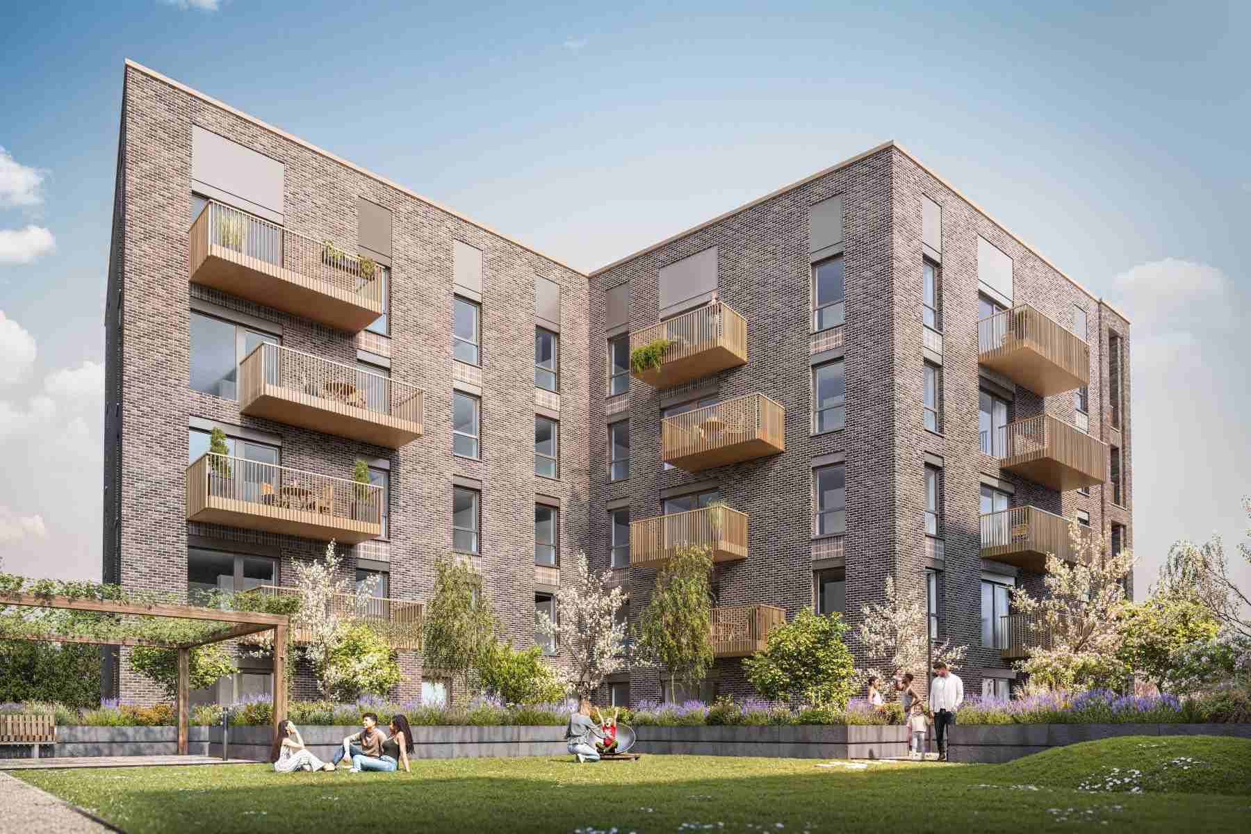 Landscaped residents' garden looking towards block C