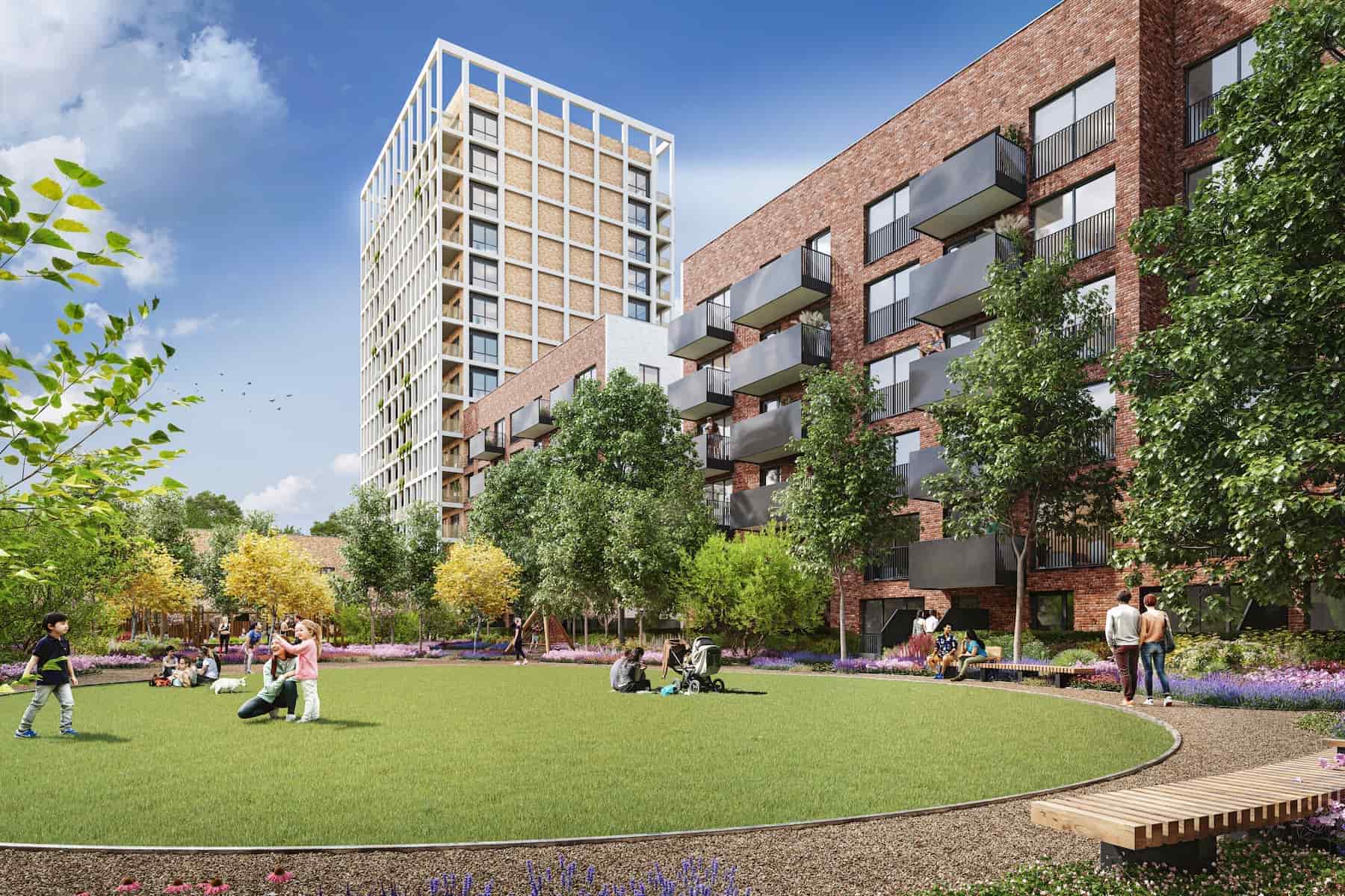 Homes have been arranged around communal courtyards that include lawns for recreation