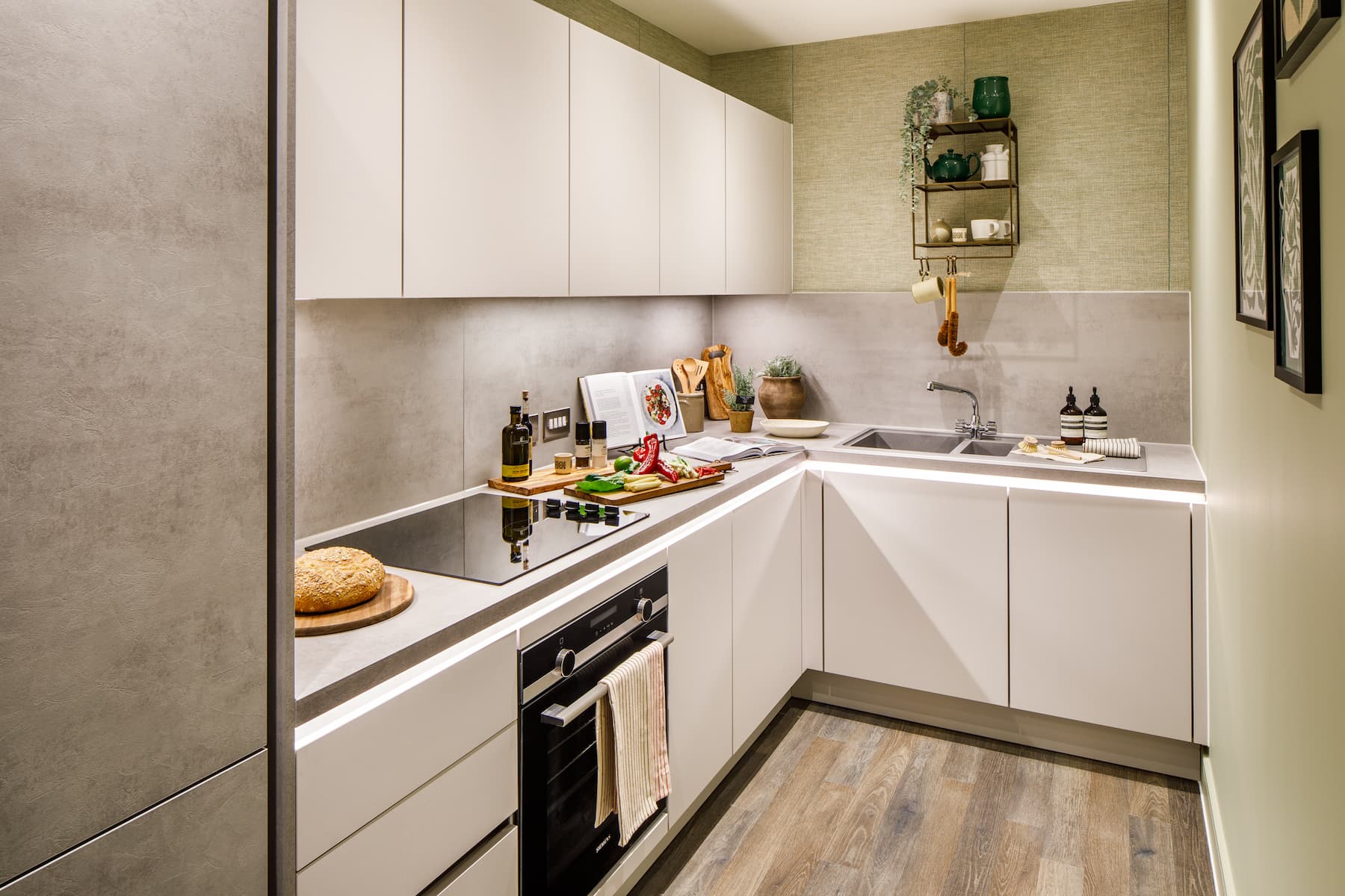 Each kitchen includes integrated appliances
