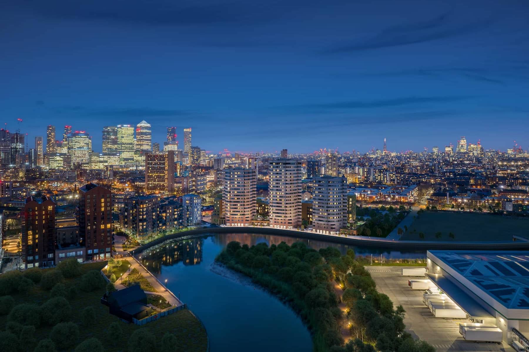 Rivermark Aerial dusk CGI