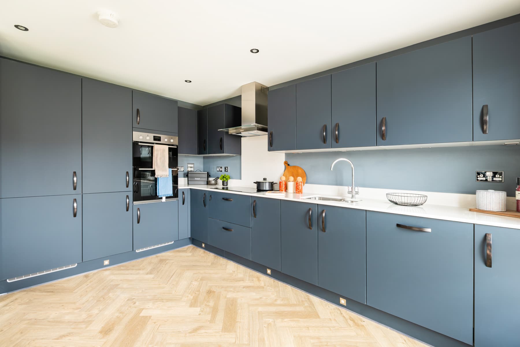 A modern kitchen with ample storage space
