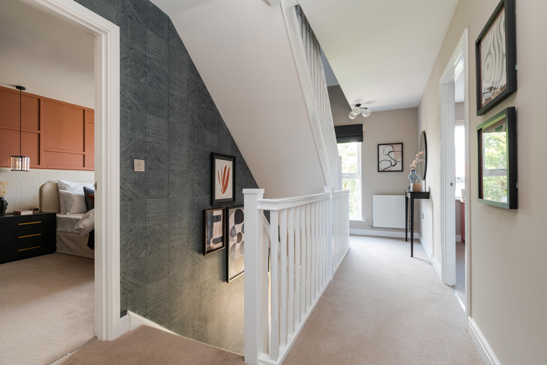 The first floor landing beams with natural light