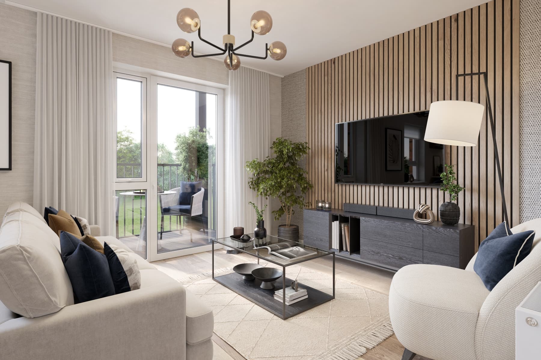 Lounge with French doors leading to a private balcony