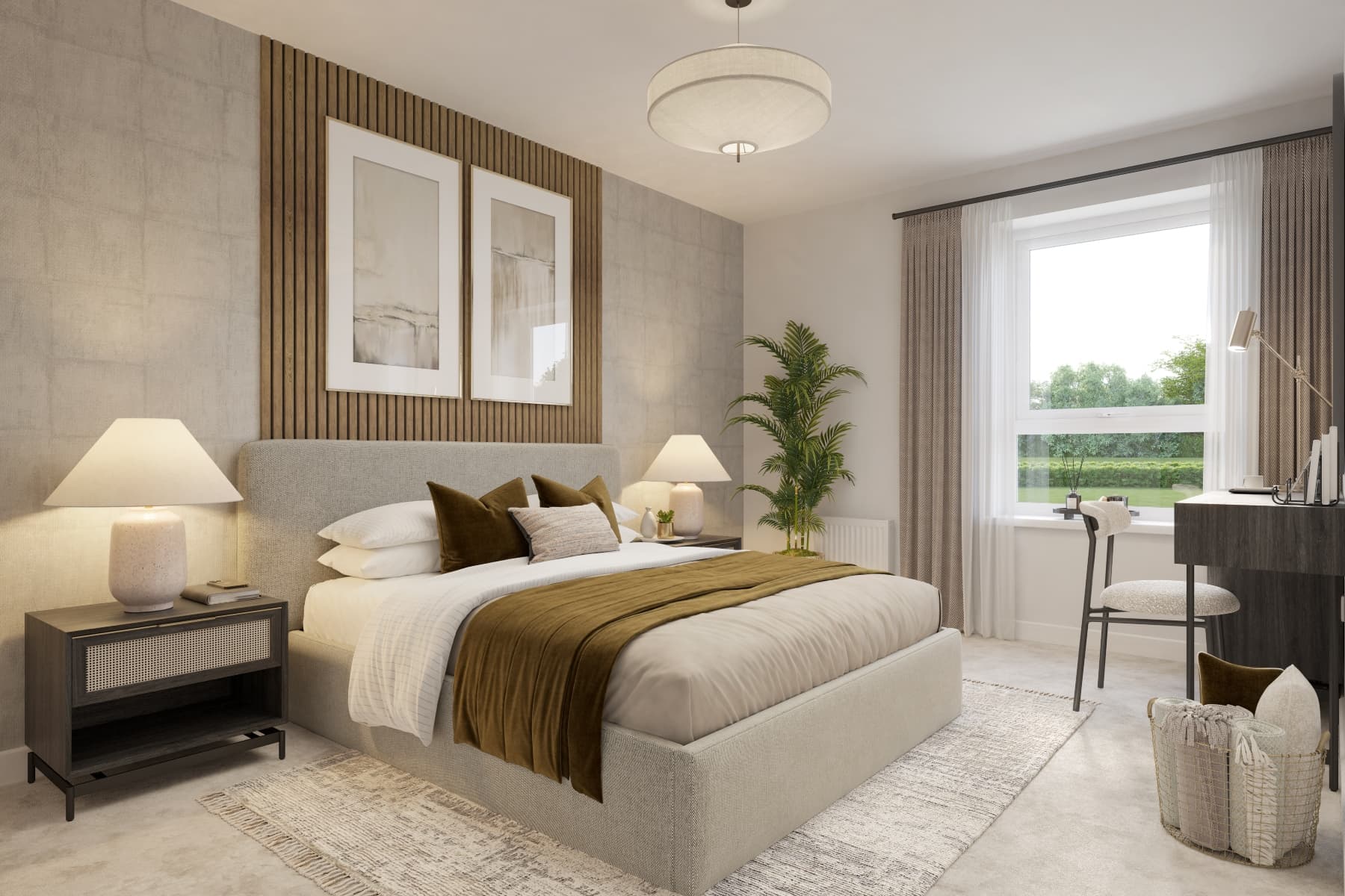 A spacious main bedroom with private ensuite
