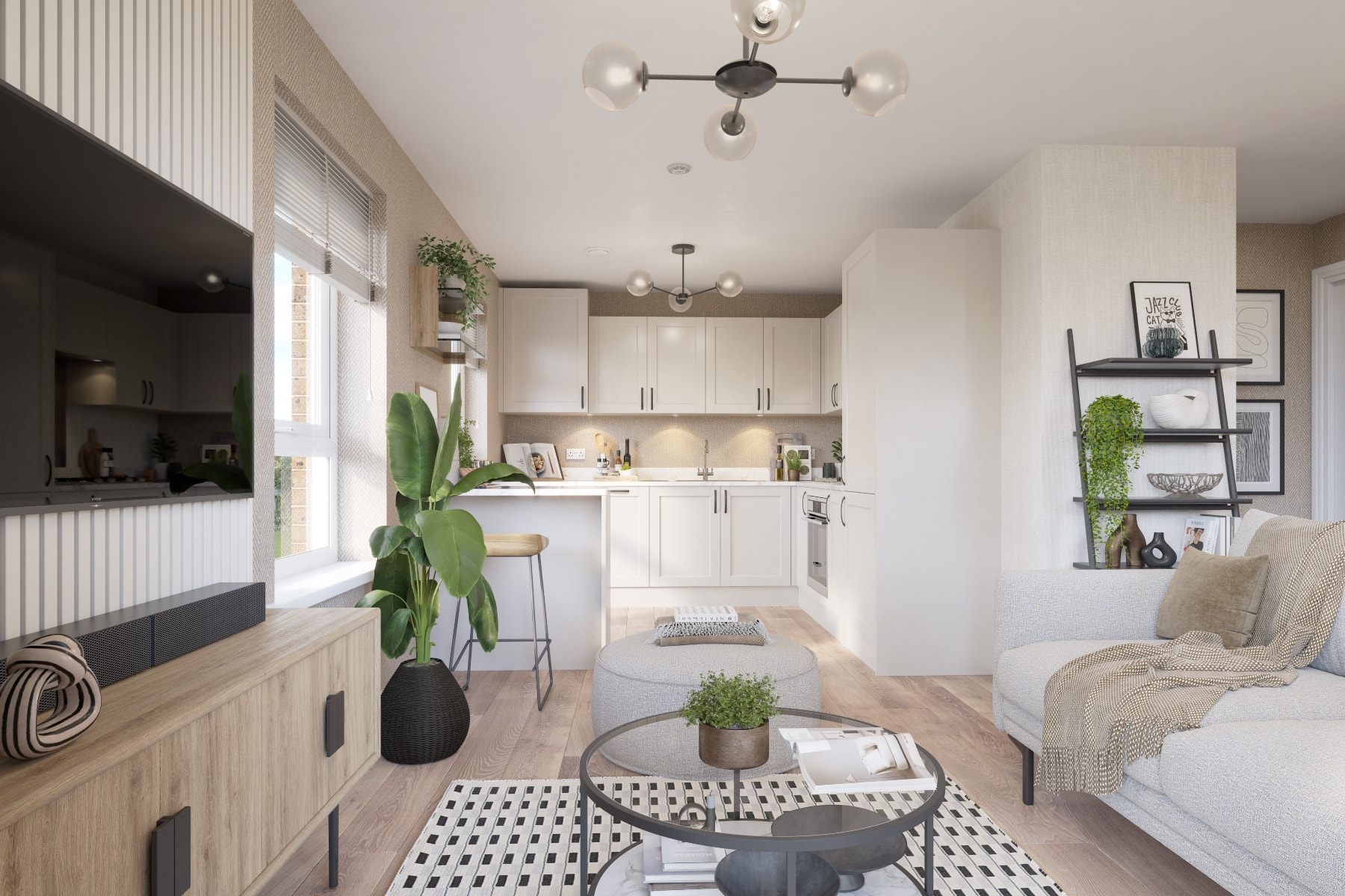 A modern kitchen and breakfast bar area with ample storage