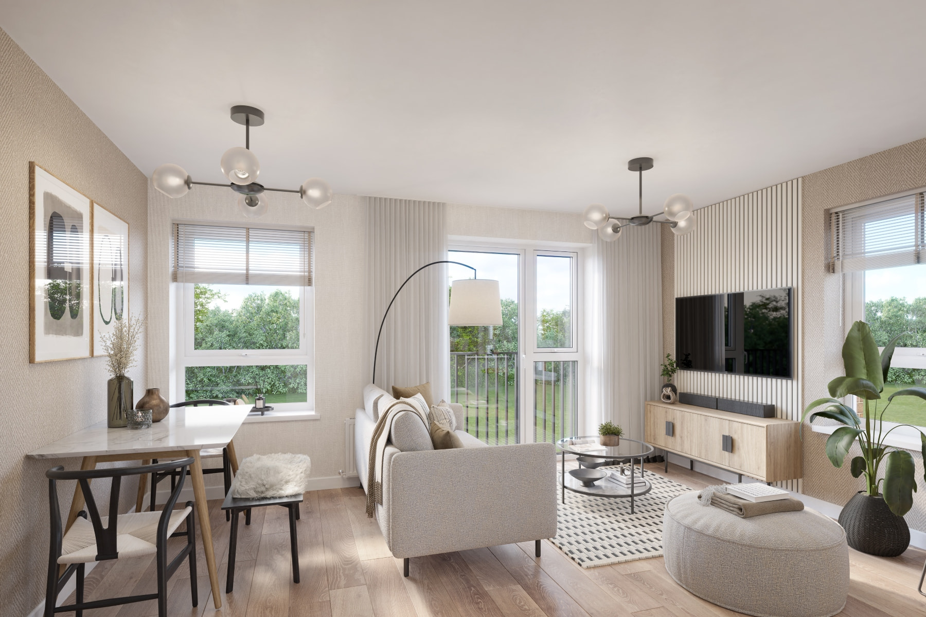 A bright lounge with Juliet balcony