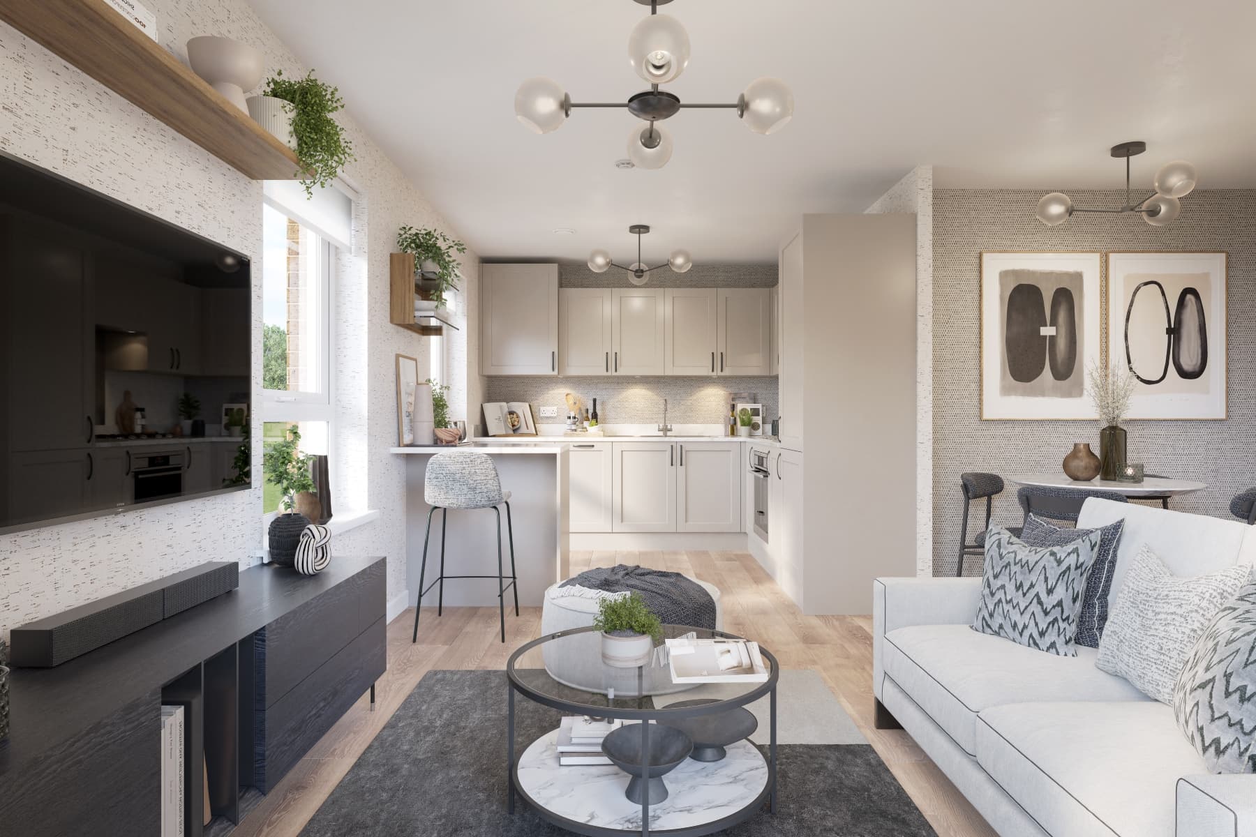 A modern kitchen area with breakfast bar