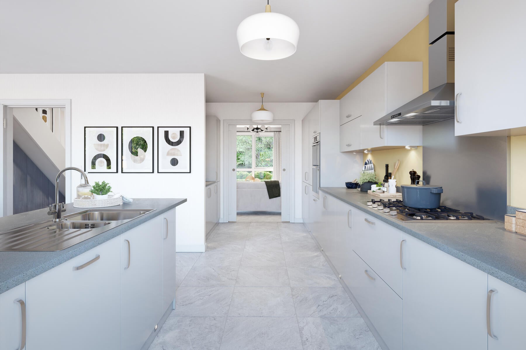 A modern kitchen area with ample storage