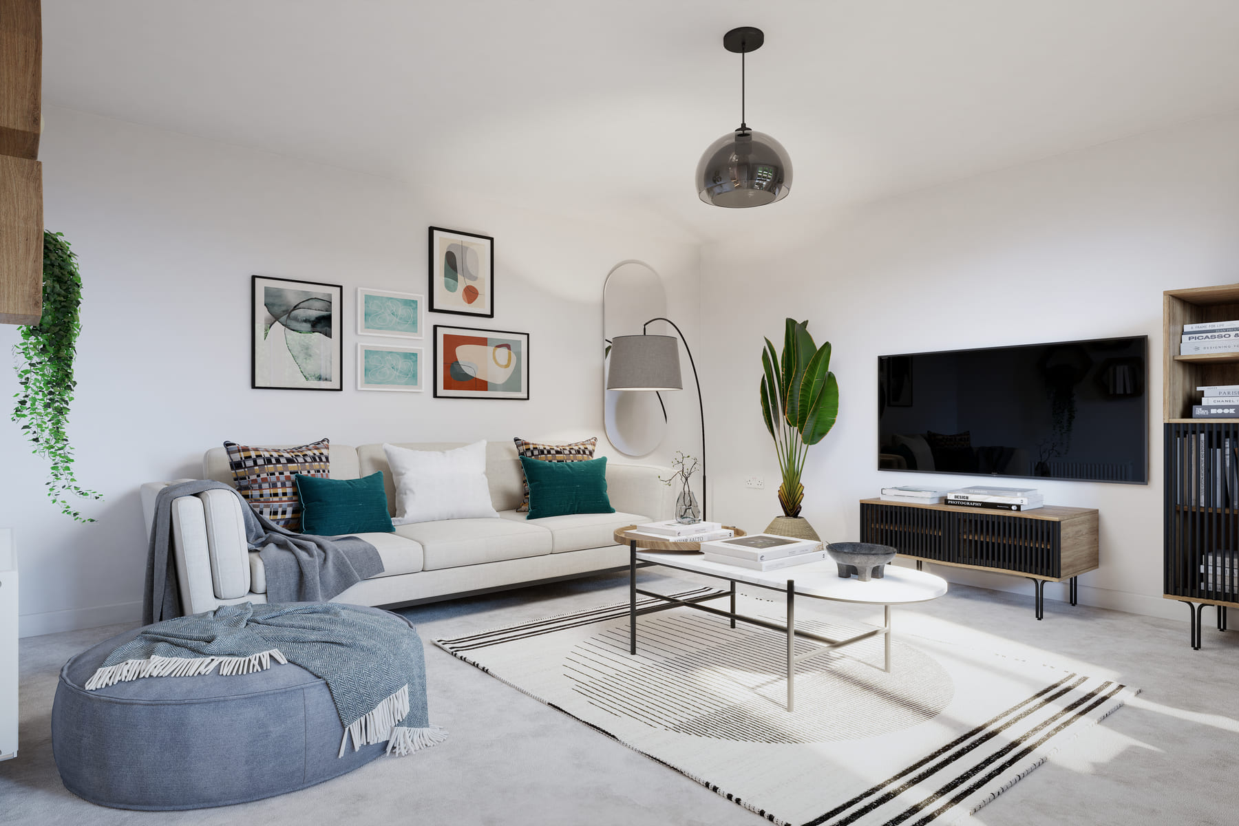 Sofa, coffee table and TV