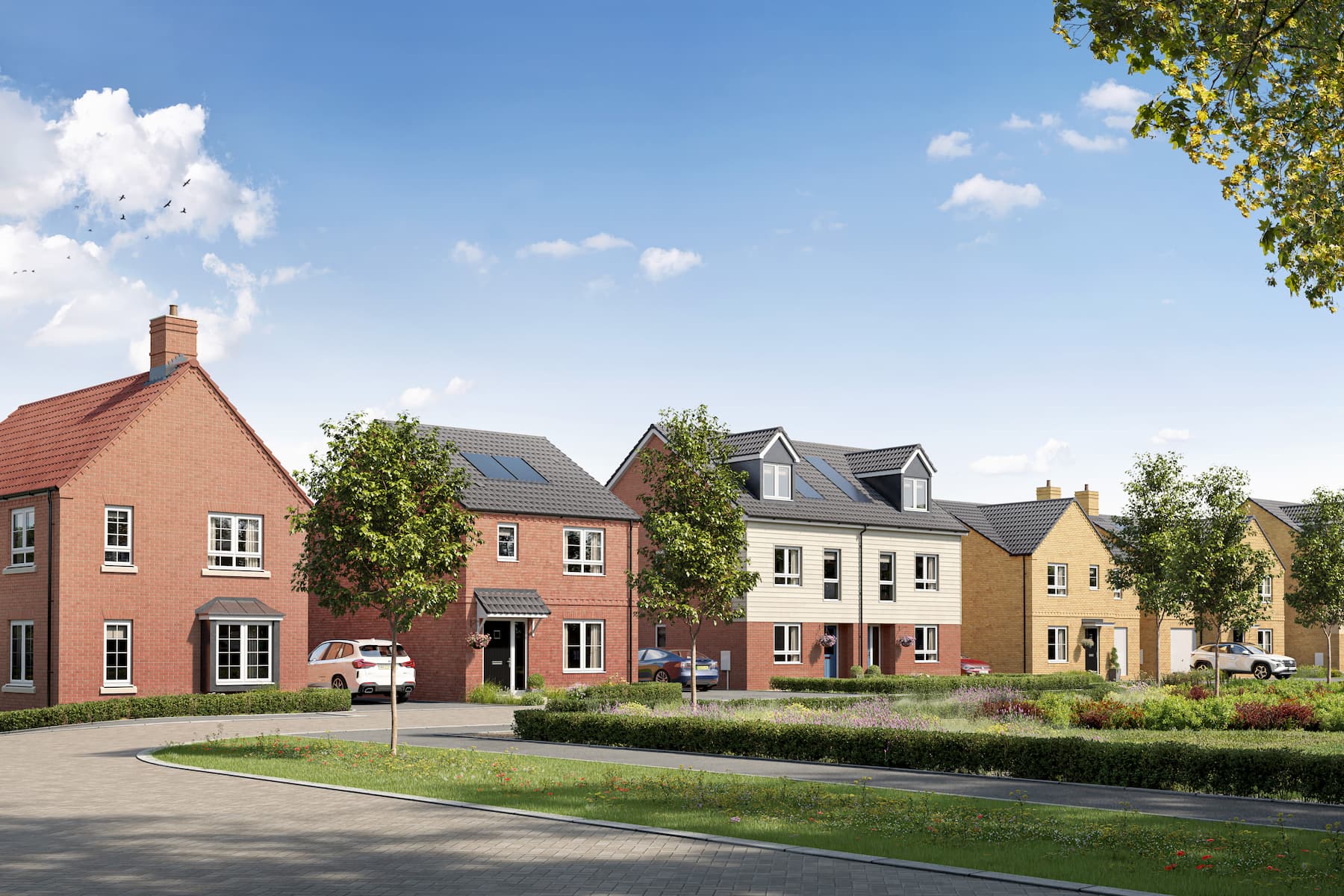 Red brick and rendered homes set amongst attractive green space