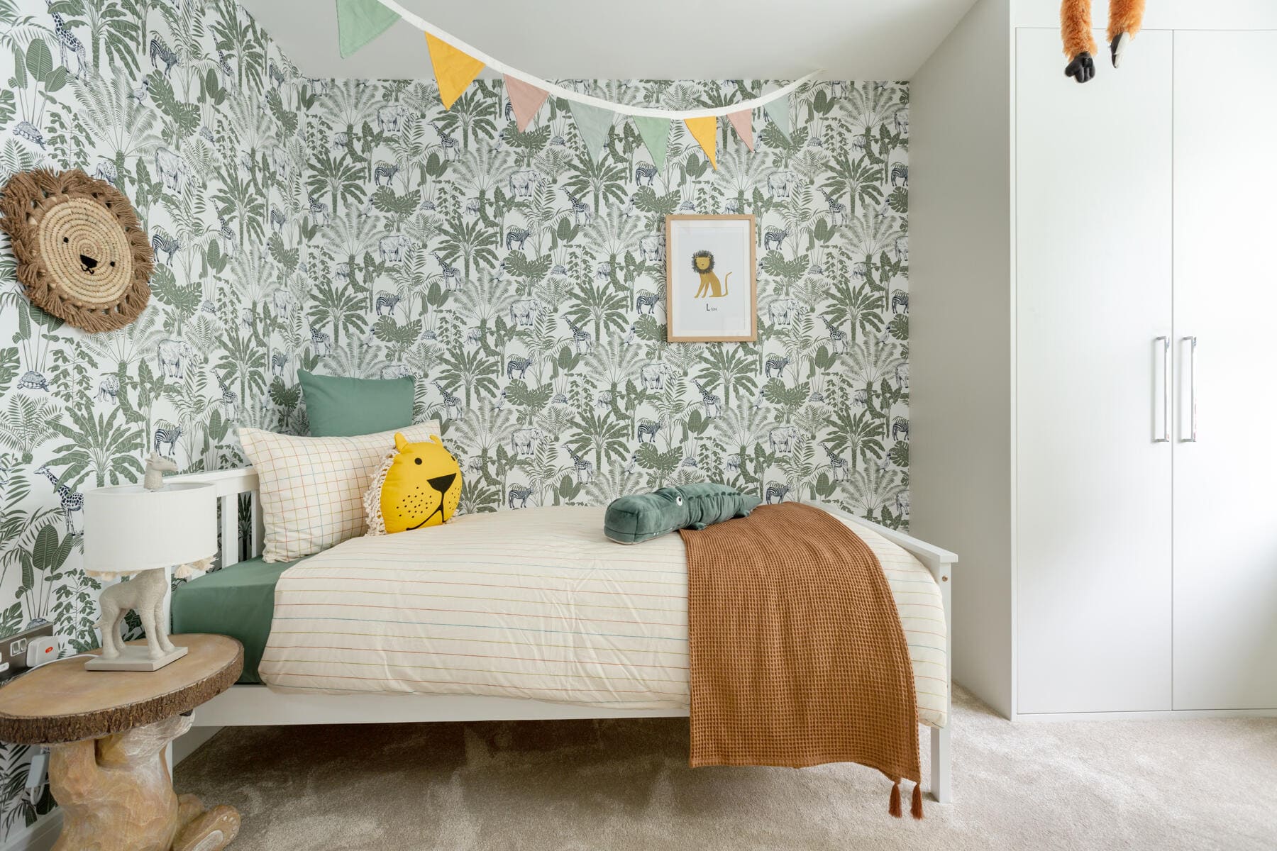 Single bed with side table and wardrobe 