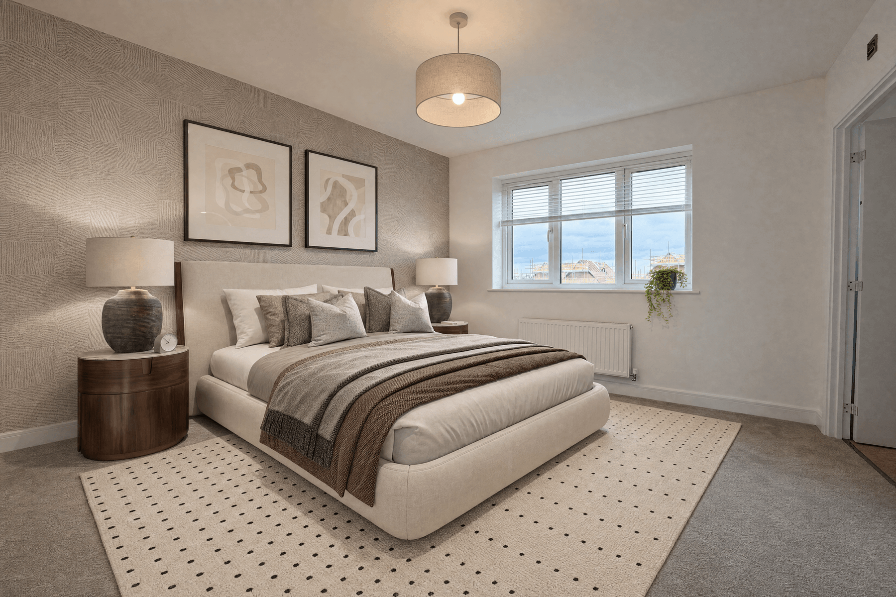 Calm principal bedroom with plenty of space for furniture