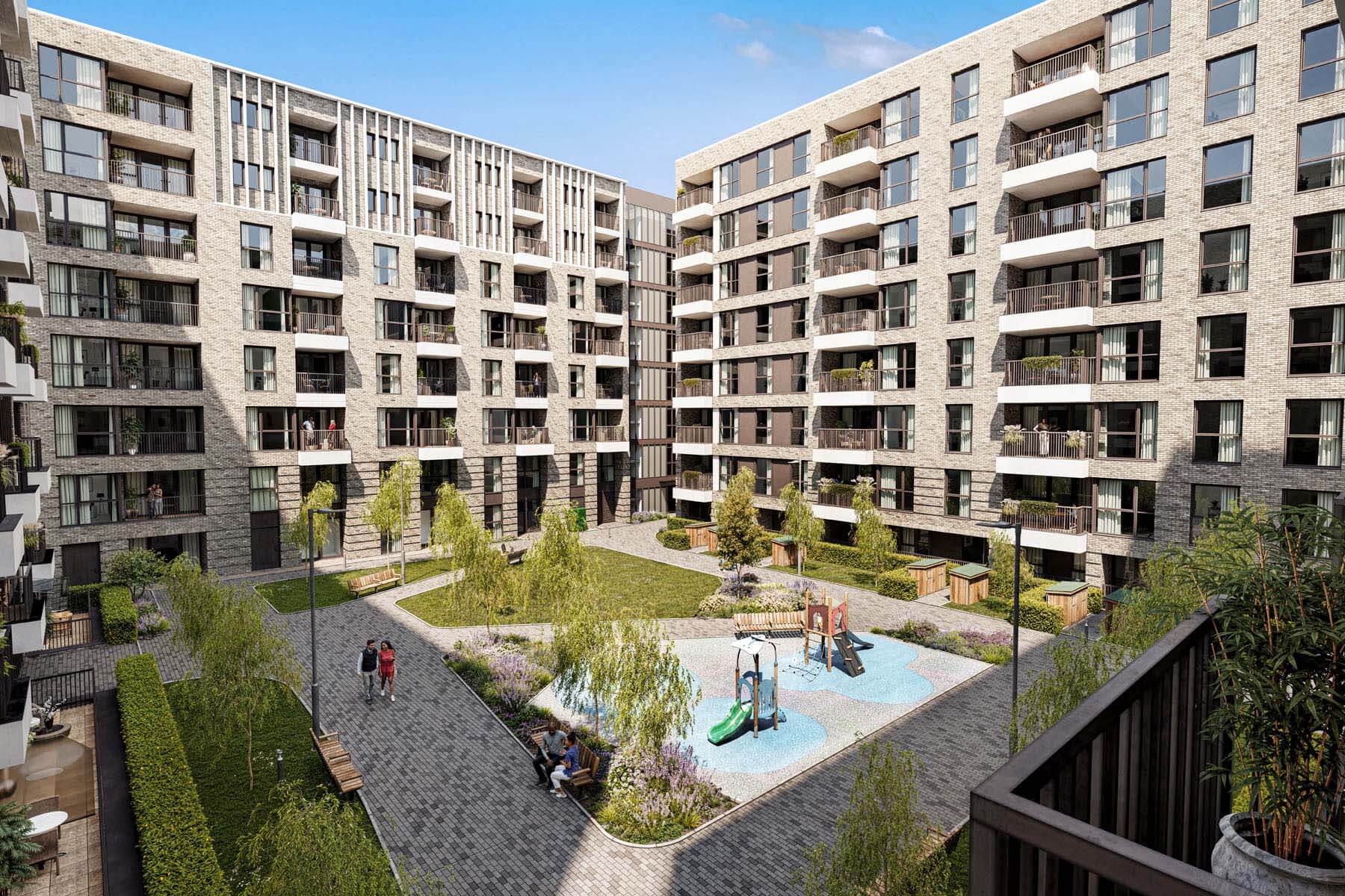 Communal courtyard at Valence View (CGI street scene)