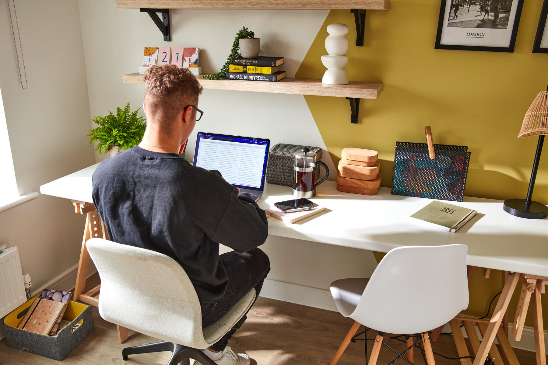 There’s ample room in the bedroom to dedicate space for a home office