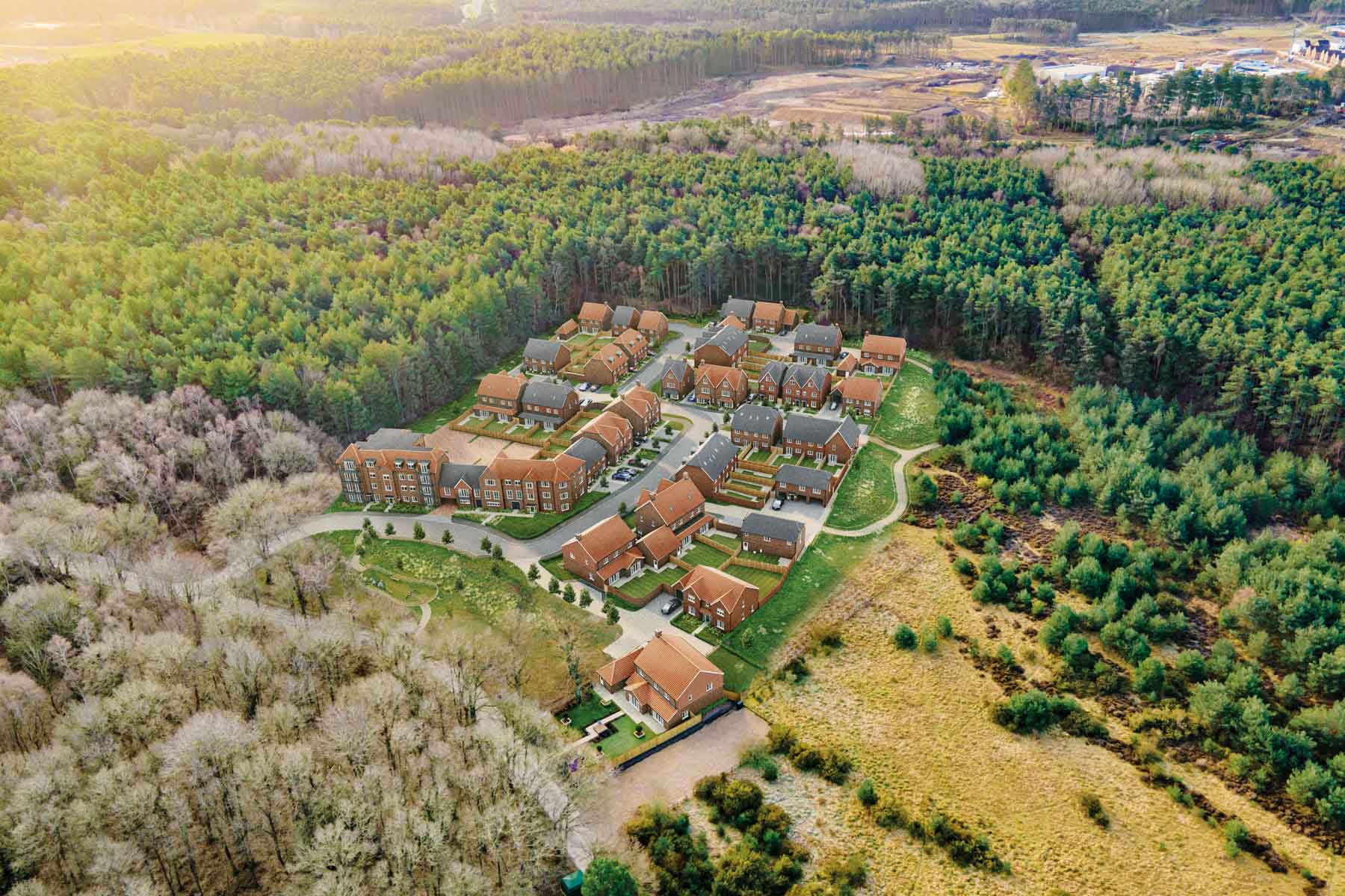 Arial view of The Evergreens with CGI site plan