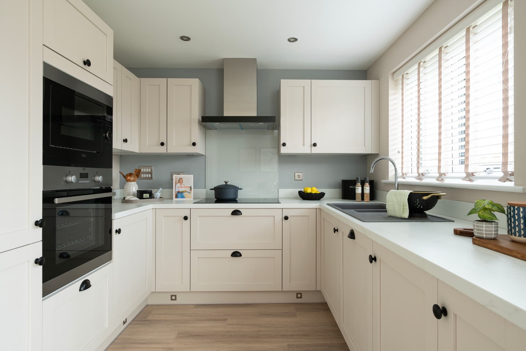 A modern kitchen with ample storage space