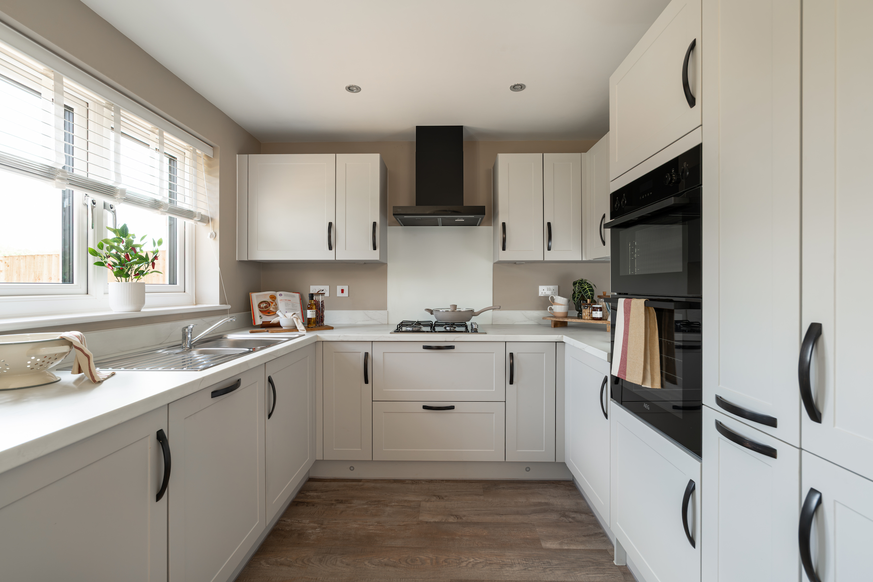 A modern kitchen with ample storage space