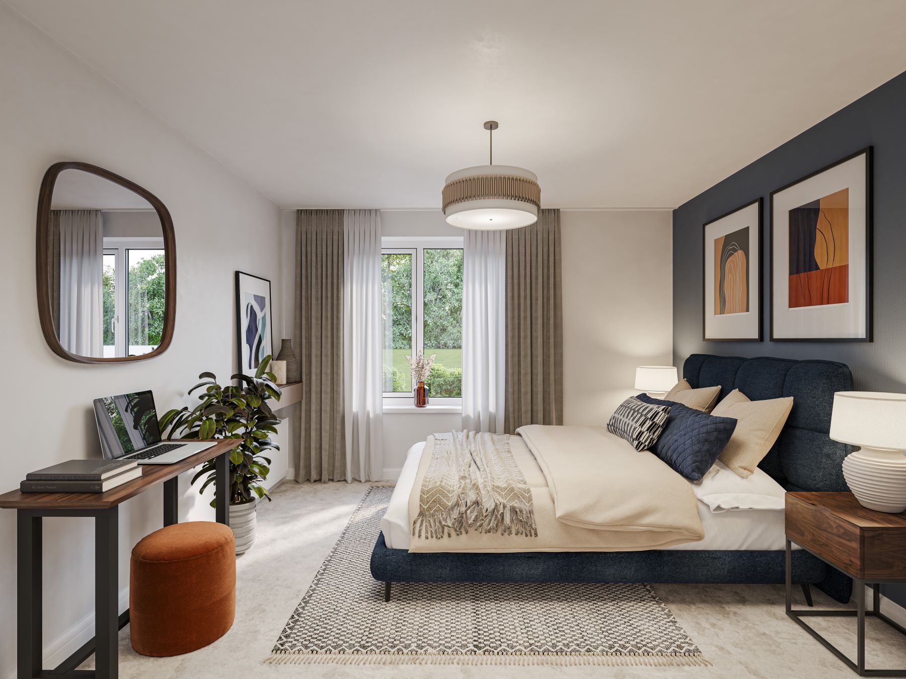 A generous bedroom has space for a double bed and optional storage