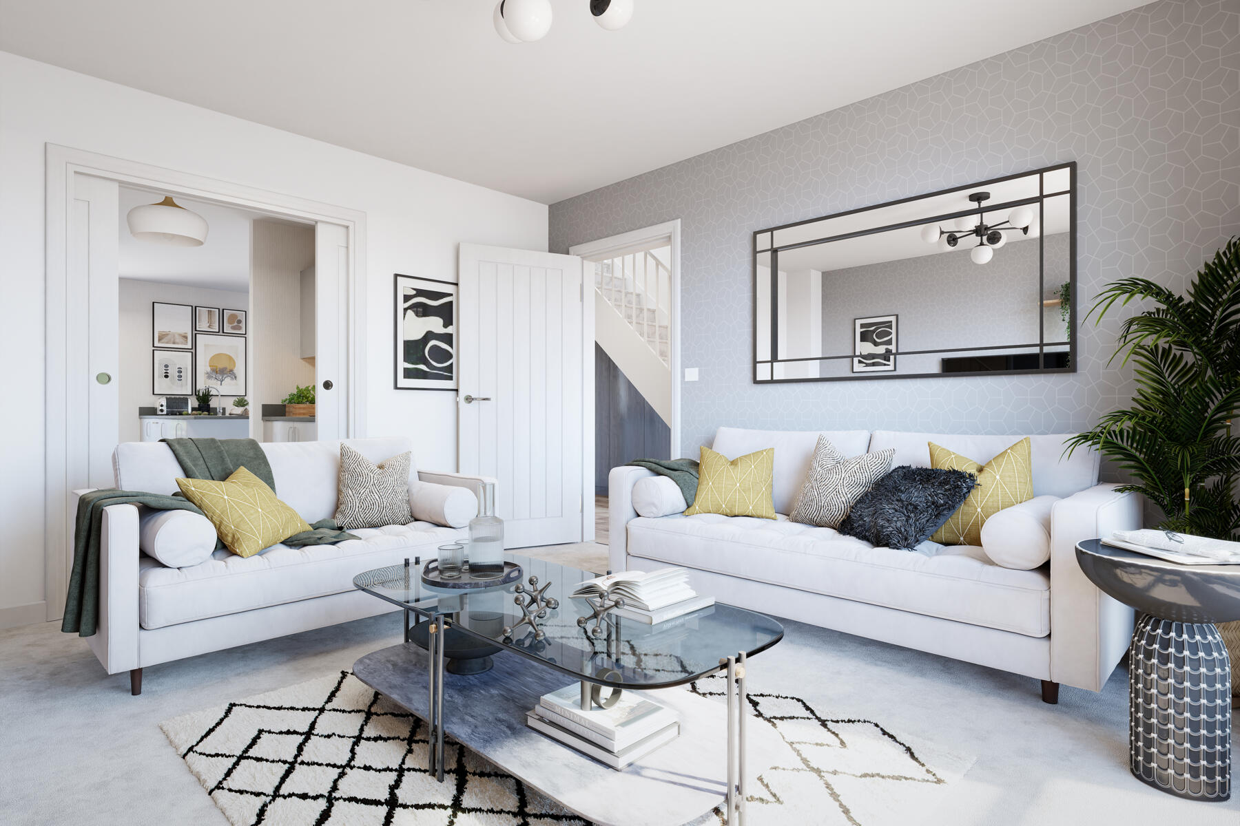 A spacious lounge with sliding doors leading to the kitchen