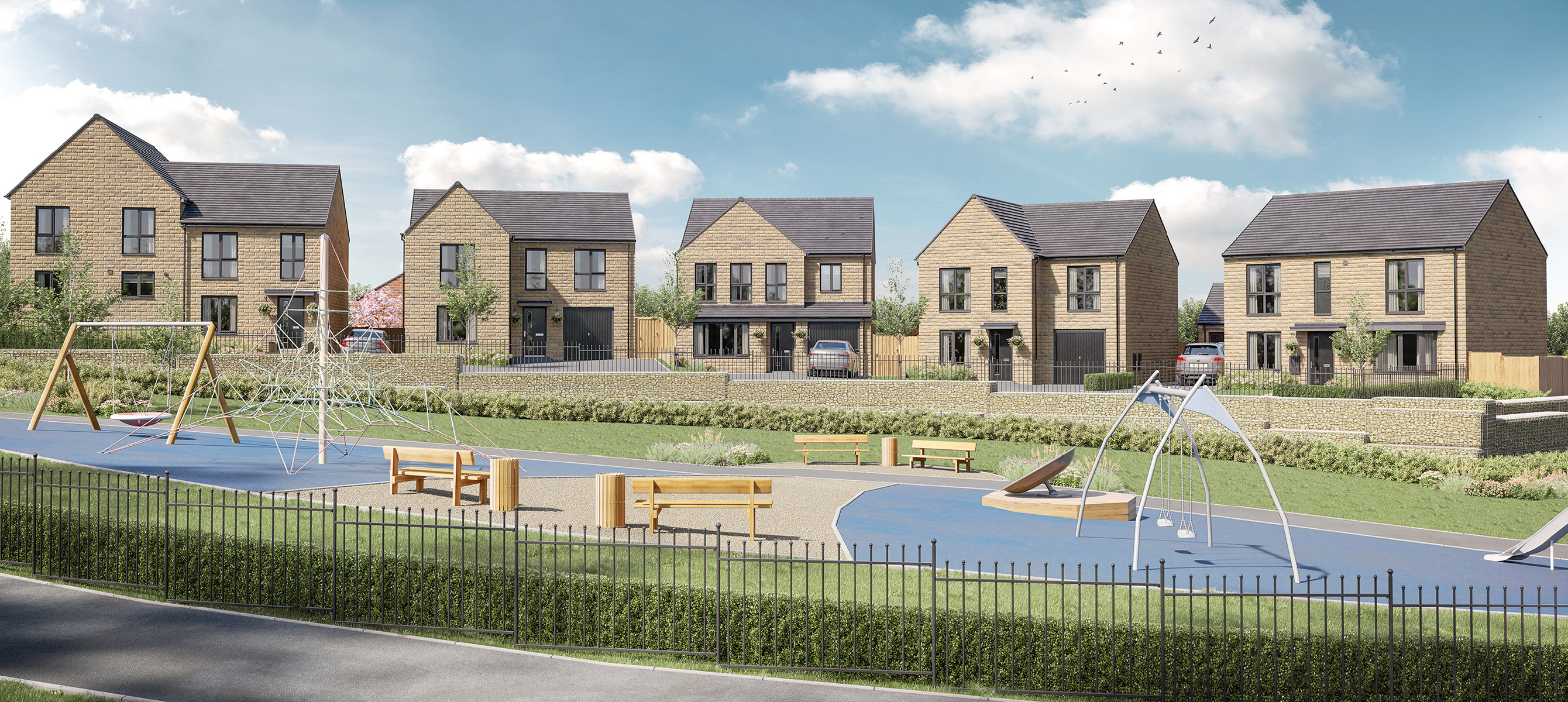 Artists impression of a street scene and play area at Woodside Vale