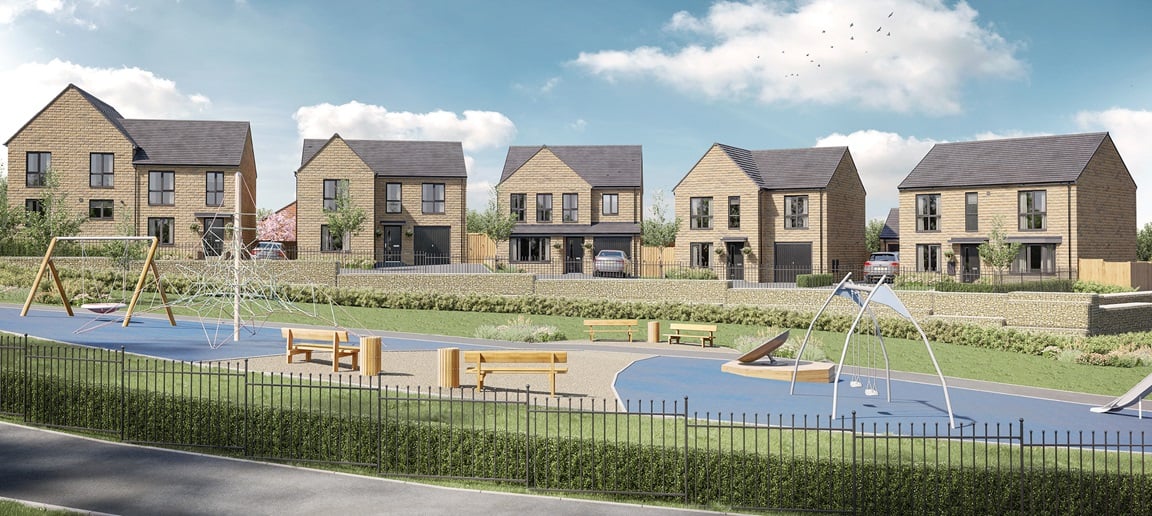 Artists impression of a street scene and play area at Woodside Vale