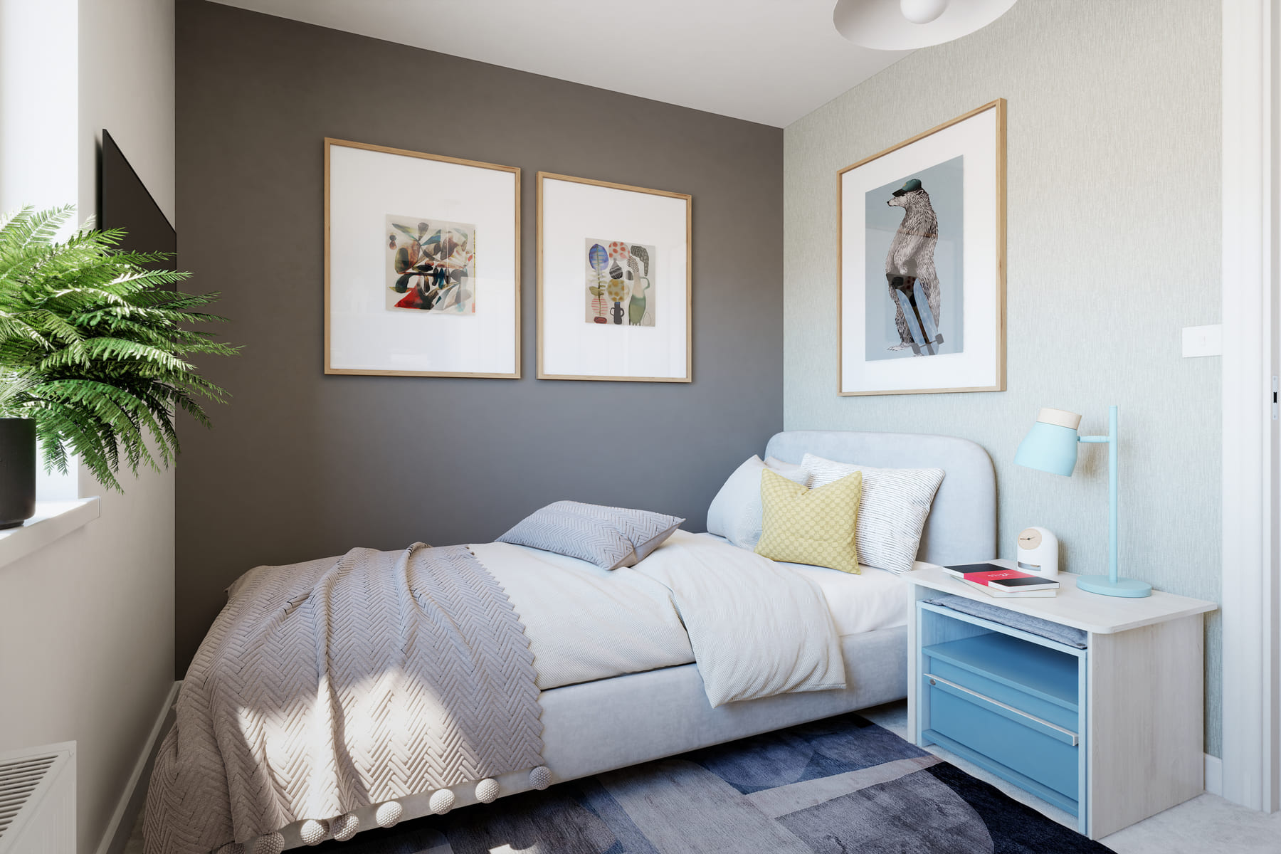 Single bed with bedside table