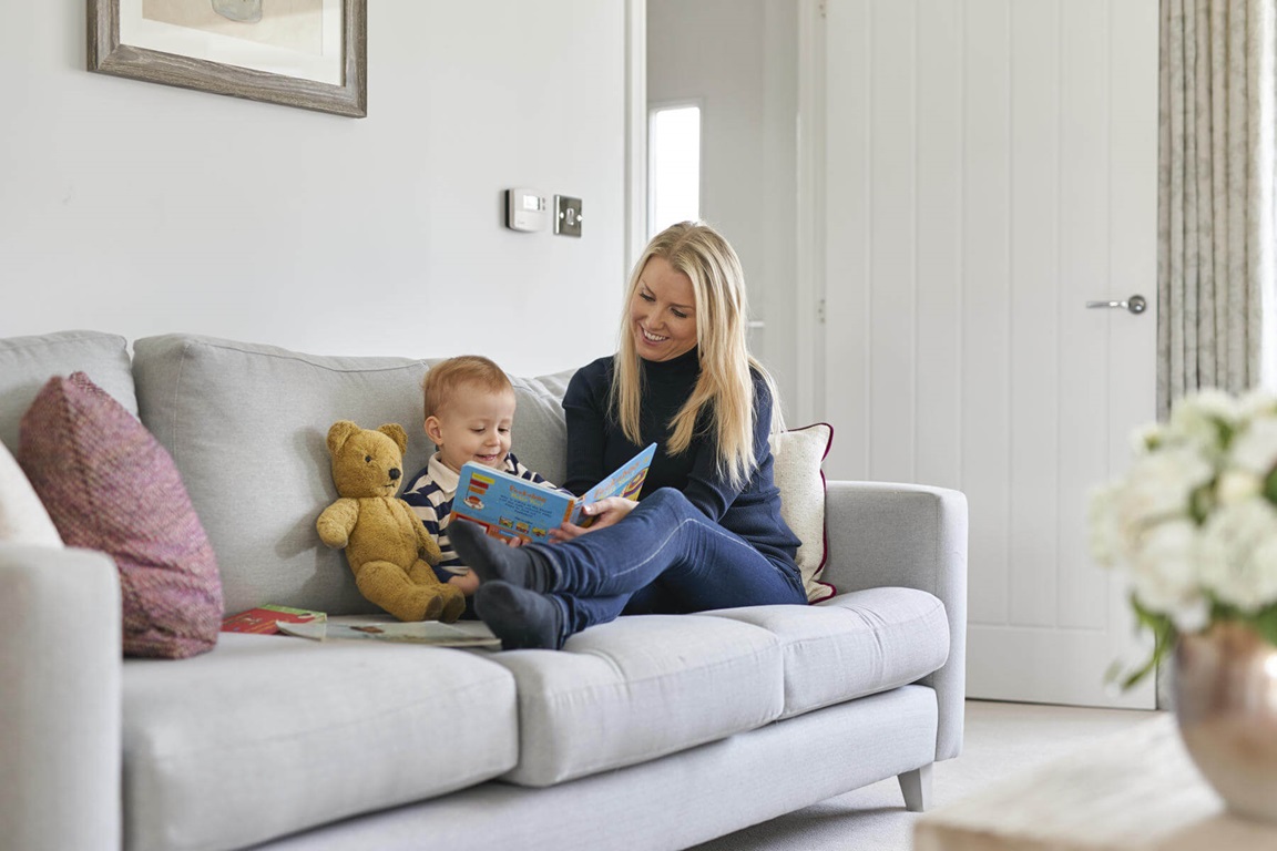 Mother and baby enjoying their new living room