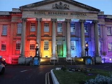 Royal Berkshire Hospital lit up in rainbow colours