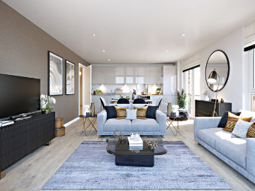 Interior kitchen, diner, living space