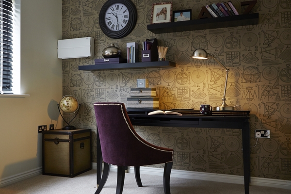 Office space with globe wallpaper