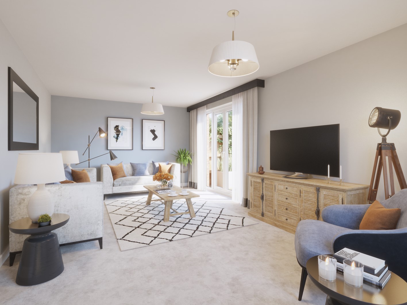 Light coloured living room with large TV and rug