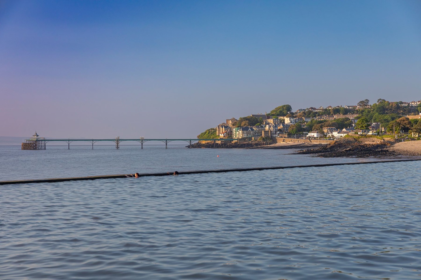 Clevedon Marine Swimming lake with Clevedon Pier in the background
