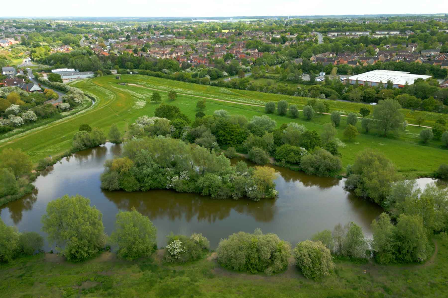 Open green space with pond