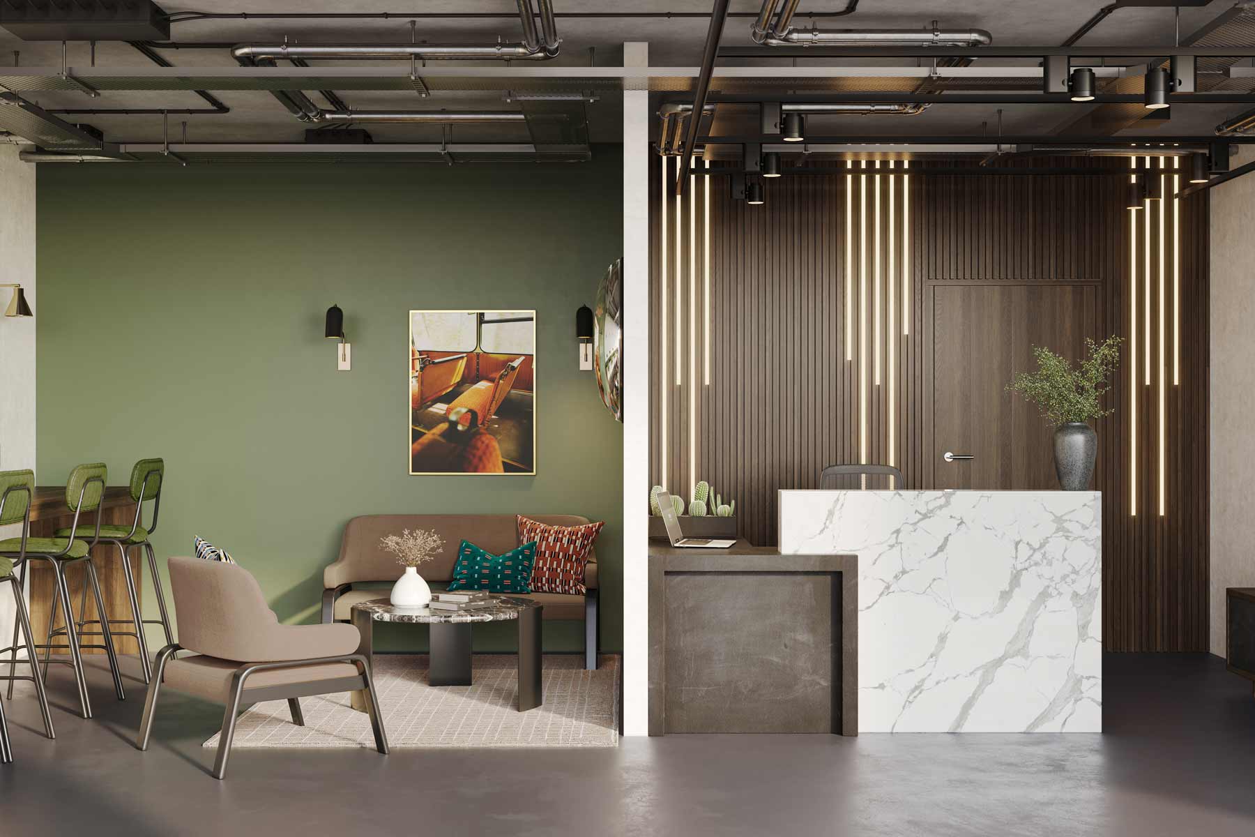 A digital visualisation of the proposed concierge layout at The Tramworks