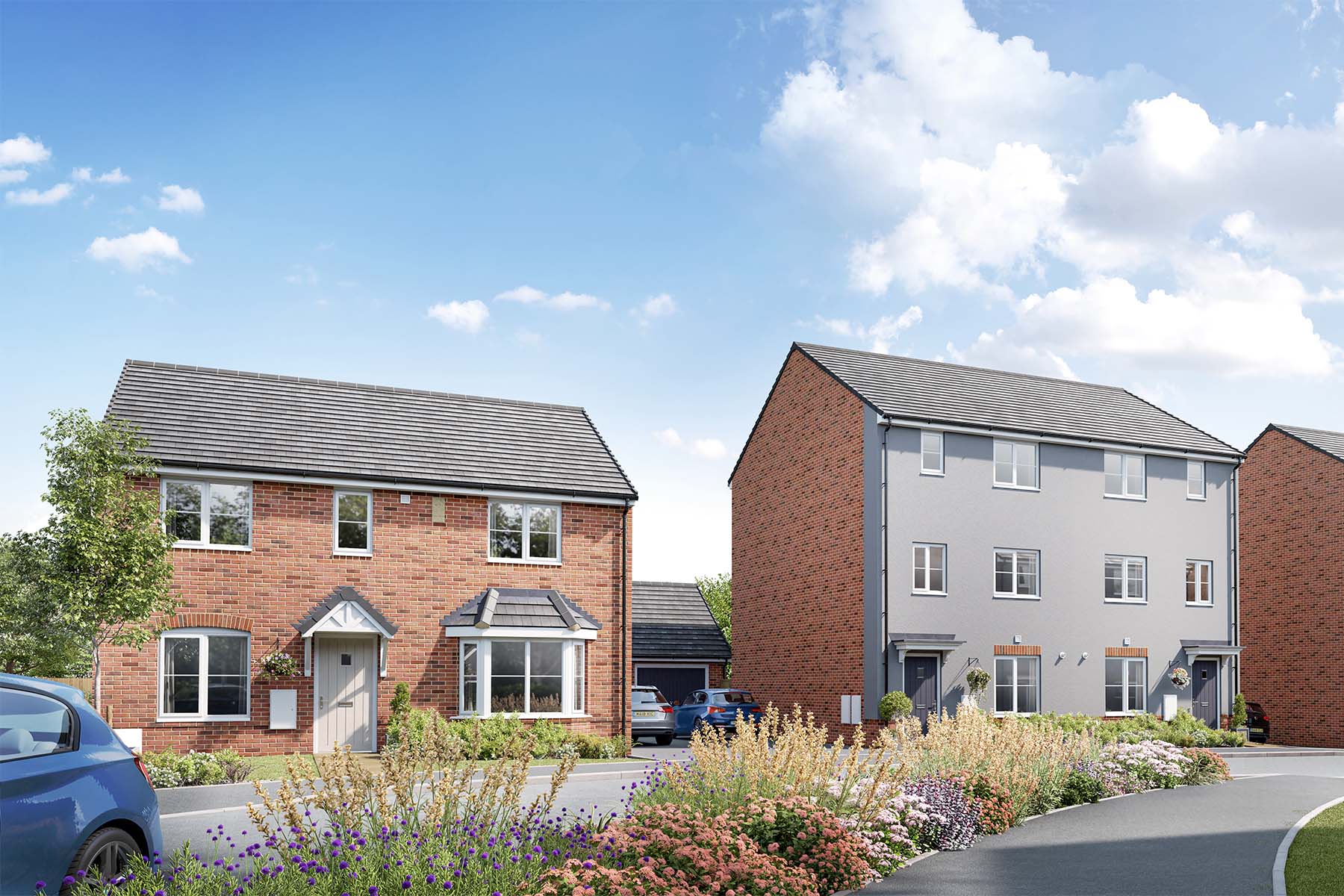 Street scene CGI image showing homes at Paddox Rise
