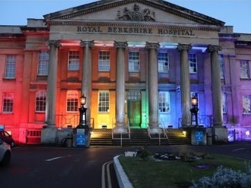 Royal Berkshire Hospital lit up in rainbow colours