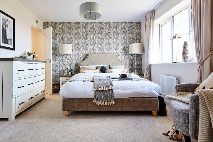 Bedroom with feature grey wallpaper